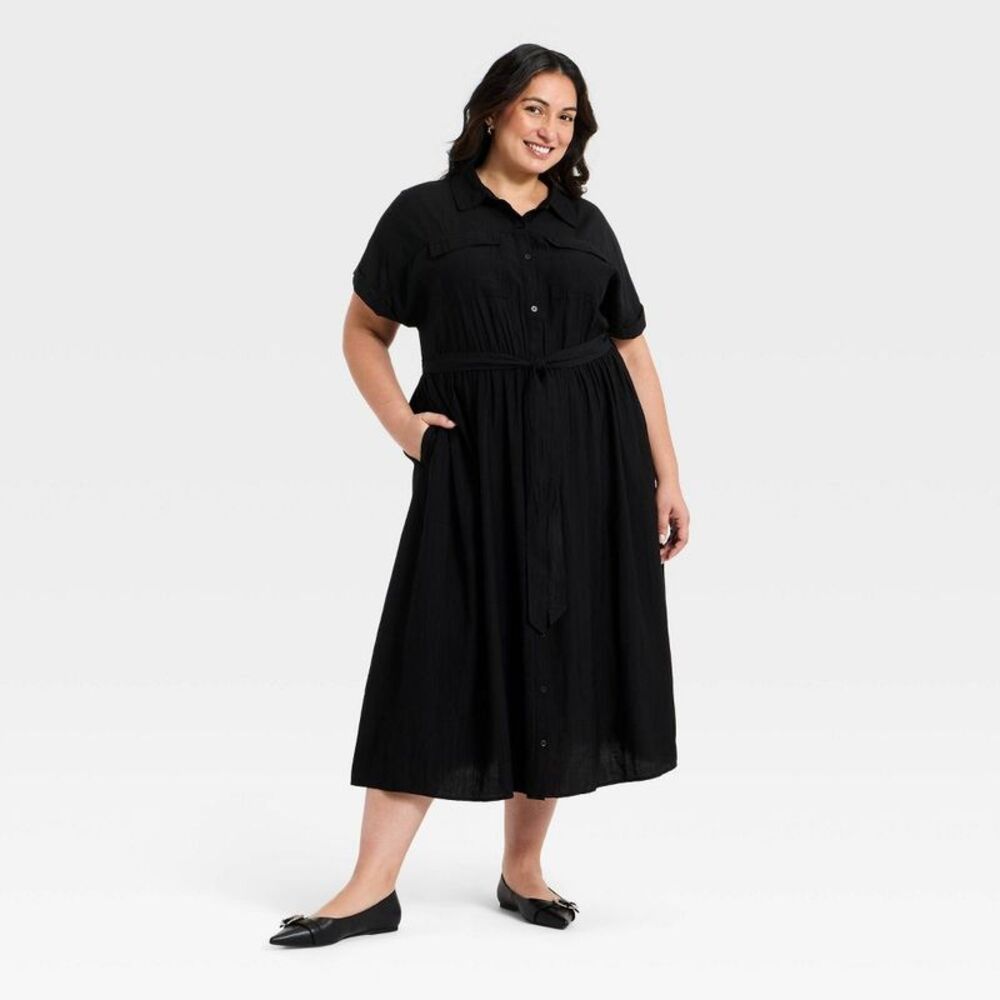 Ava & Viv Black Short Sleeve Tie-Front Midi Shirtdress